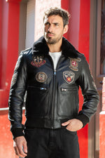 Black leather aviator jacket with patches - Image n°1
