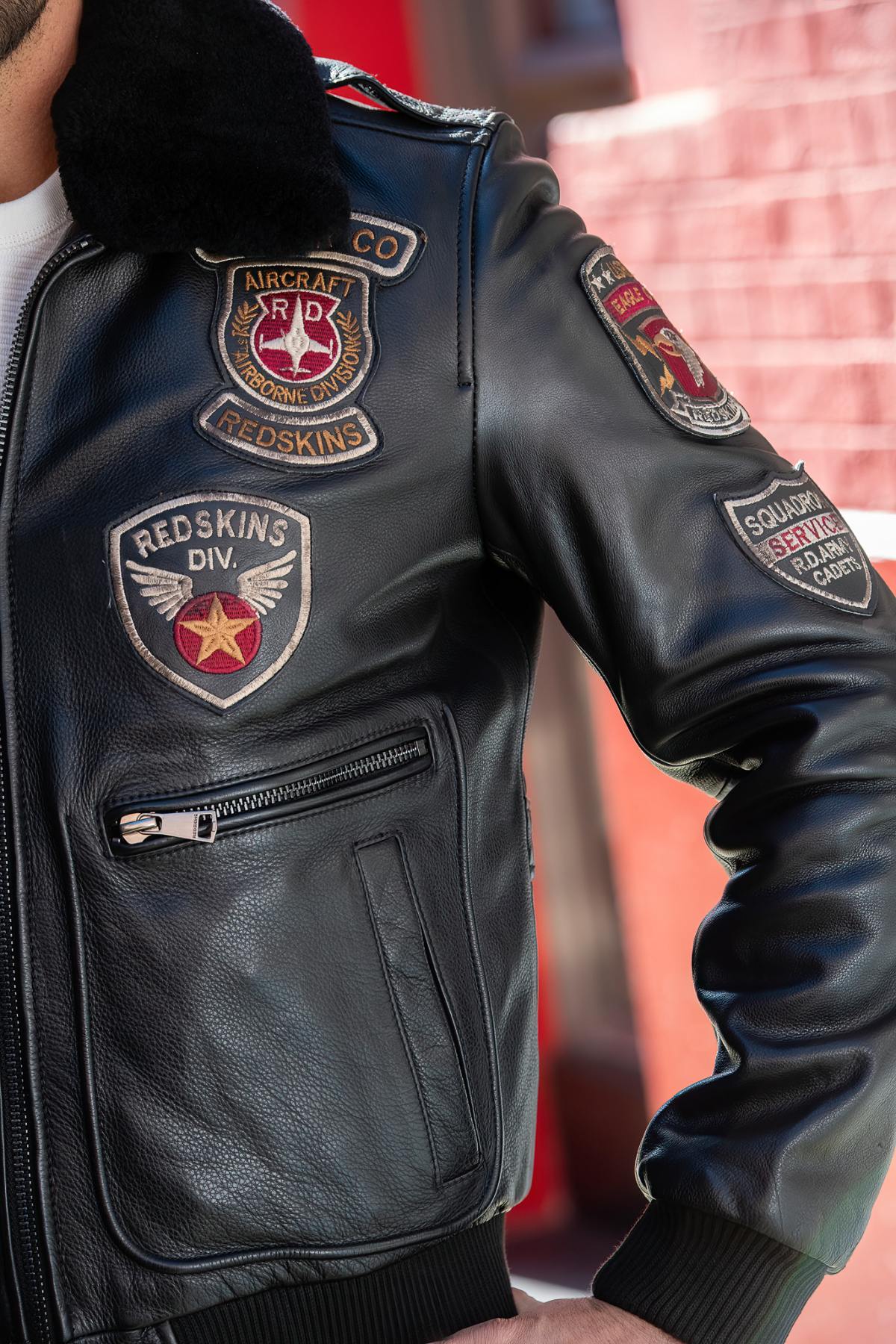 Black leather aviator jacket with patches - Image n°2