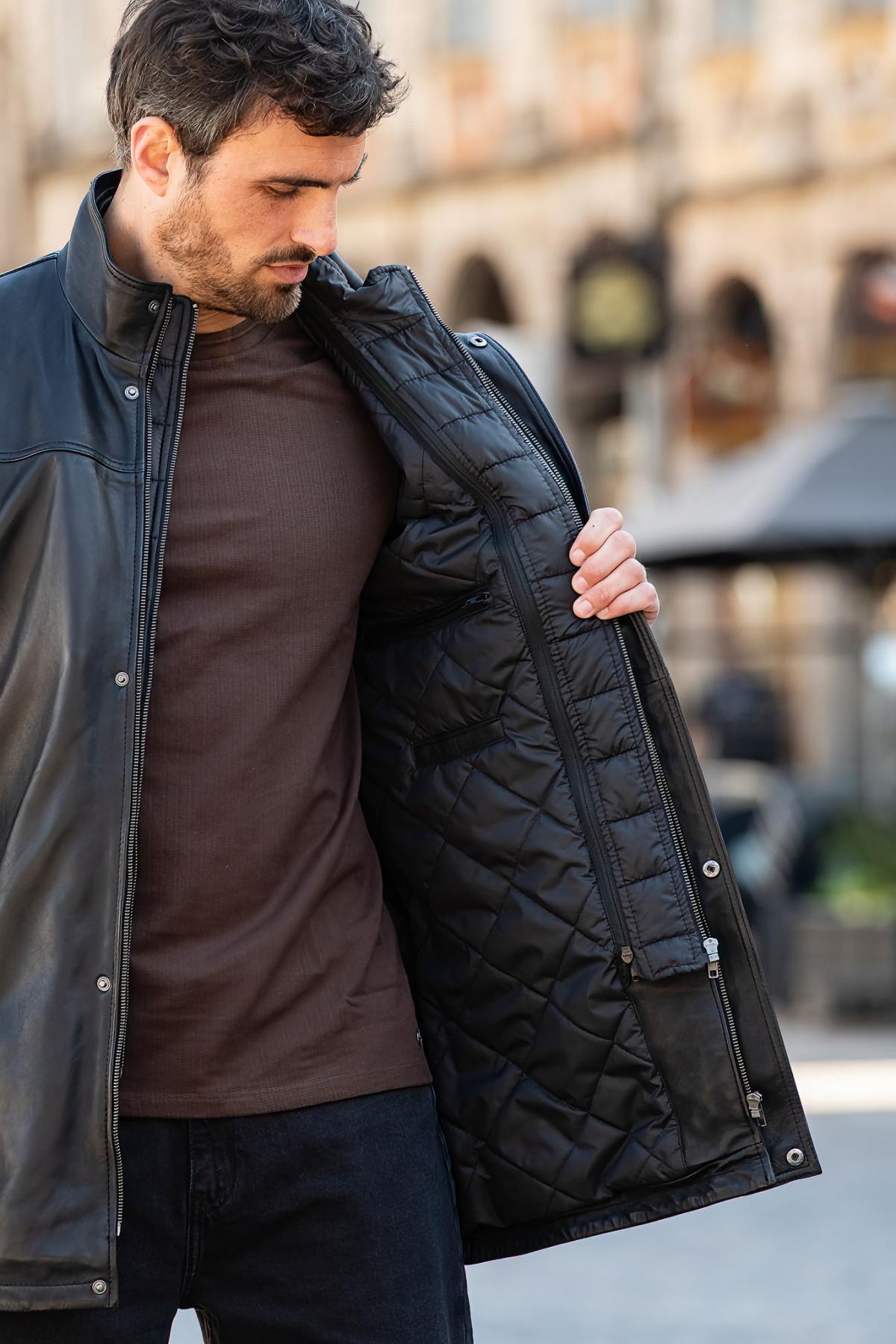 Men's black leather jacket with removable facing - Image n°5
