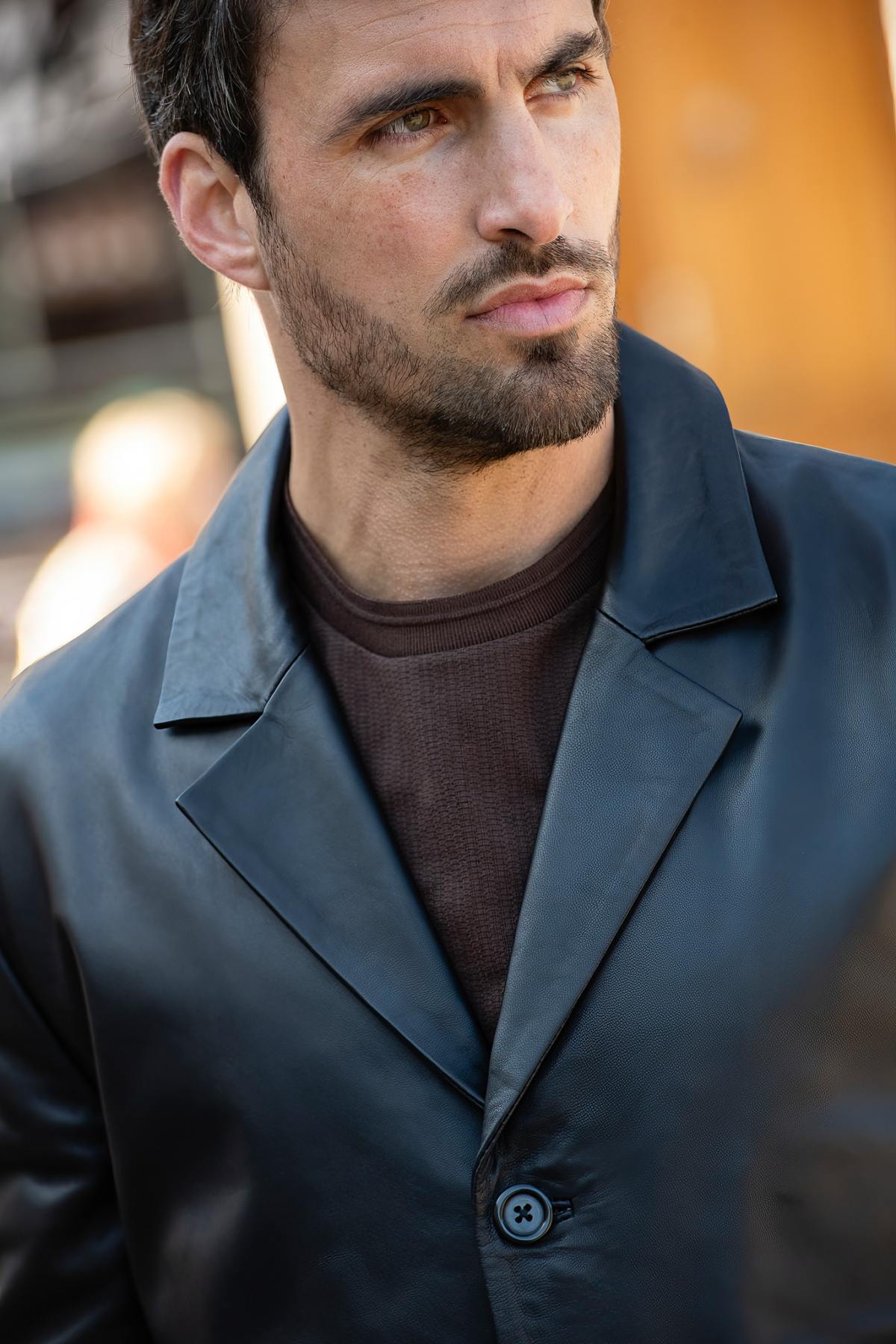 Men's Black Leather 3/4 Length Jacket - Image n°4