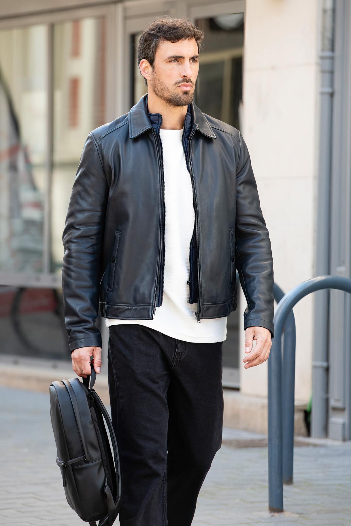 Navy blue leather jacket with a clean, shirt-collar design and removable facing - Image n°6