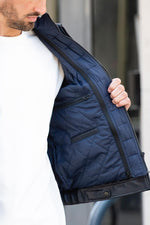 Navy blue leather jacket with a clean, shirt-collar design and removable facing - Image n°3