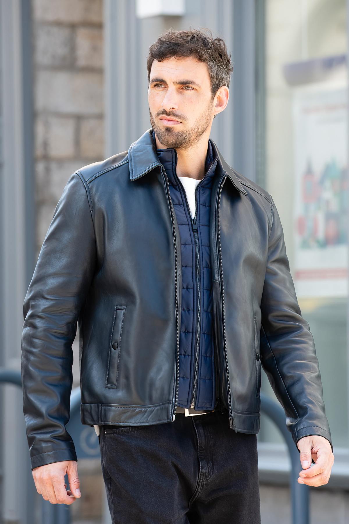 Navy blue leather jacket with a clean, shirt-collar design and removable facing - Image n°1