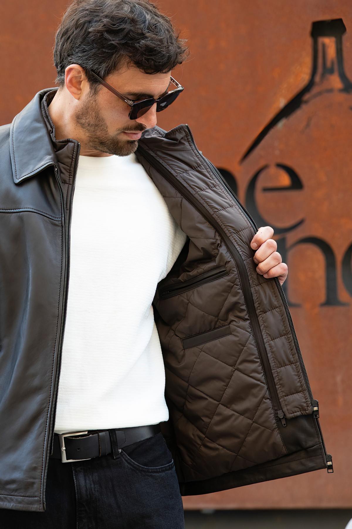 Brown leather jacket with a clean, shirt-collar design and removable facing - Image n°4