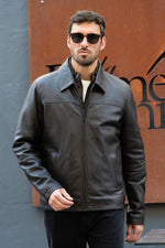 Brown leather jacket with a clean, shirt-collar design and removable facing - Image n°6