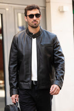 Men's full black biker collar leather jacket - Image n°1