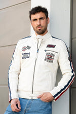 Vintage biker jacket in sheep leather with Ice Navy Red accents. - Image n°1