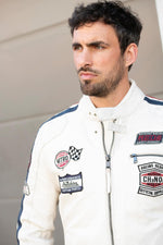 Vintage biker jacket in sheep leather with Ice Navy Red accents. - Image n°5
