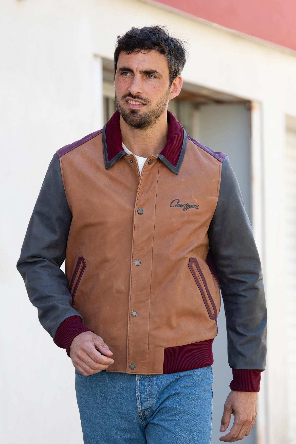 Tricolor leather teddy jacket with embroidery - Image n°6