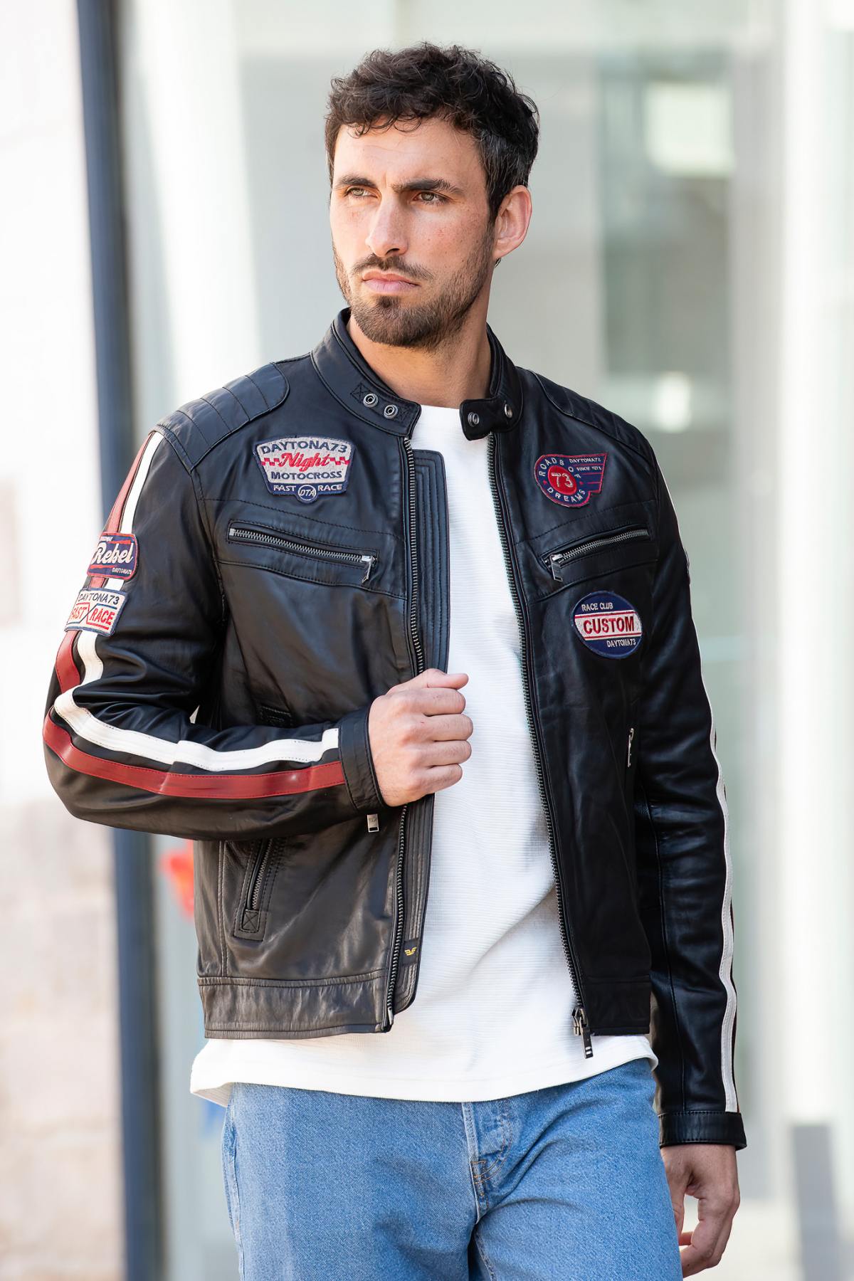 Black patched leather biker jacket - Image n°1