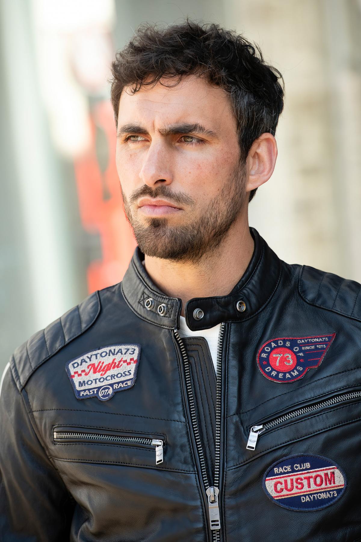 Black patched leather biker jacket - Image n°3