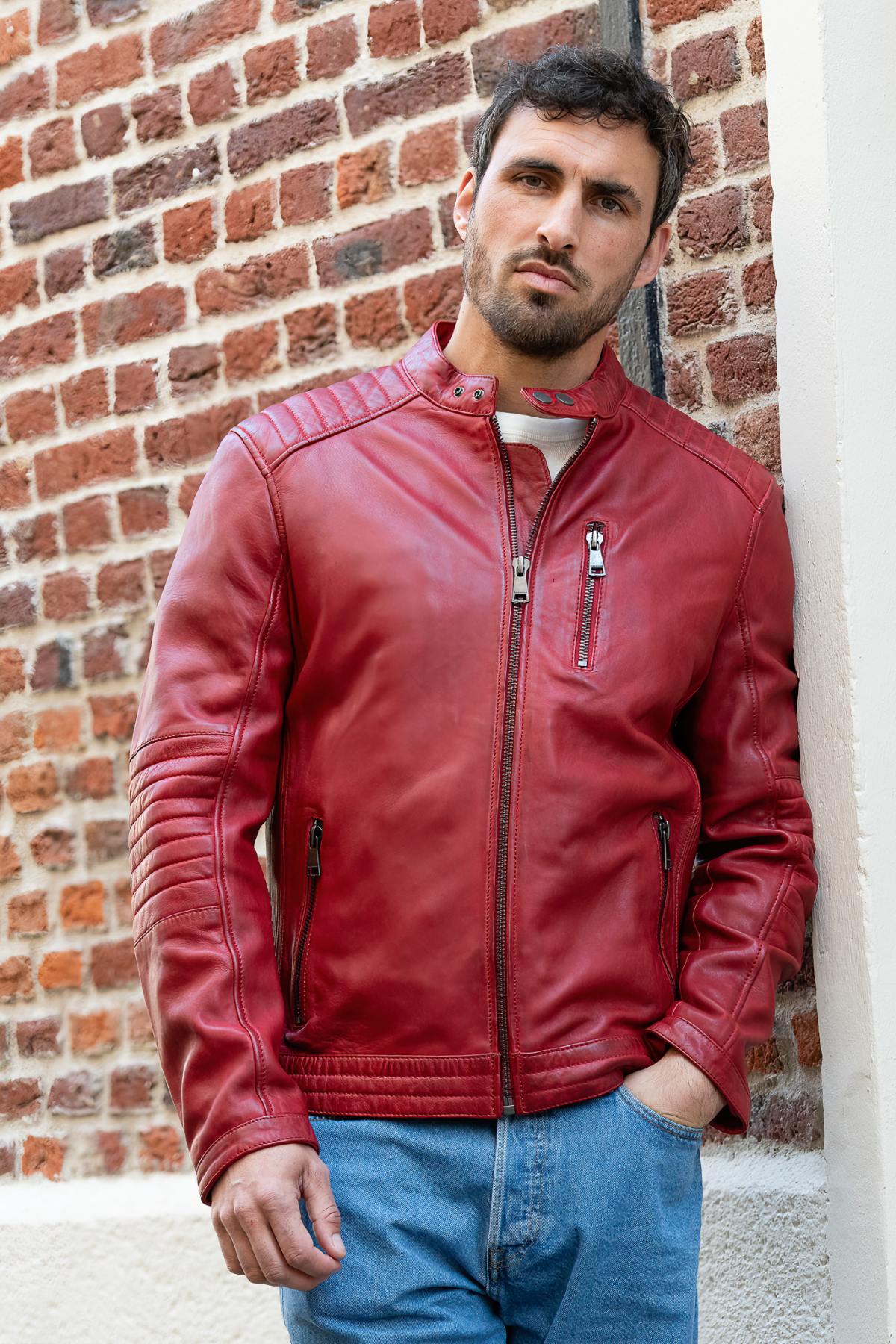 Red biker-collar leather jacket - Image n°4