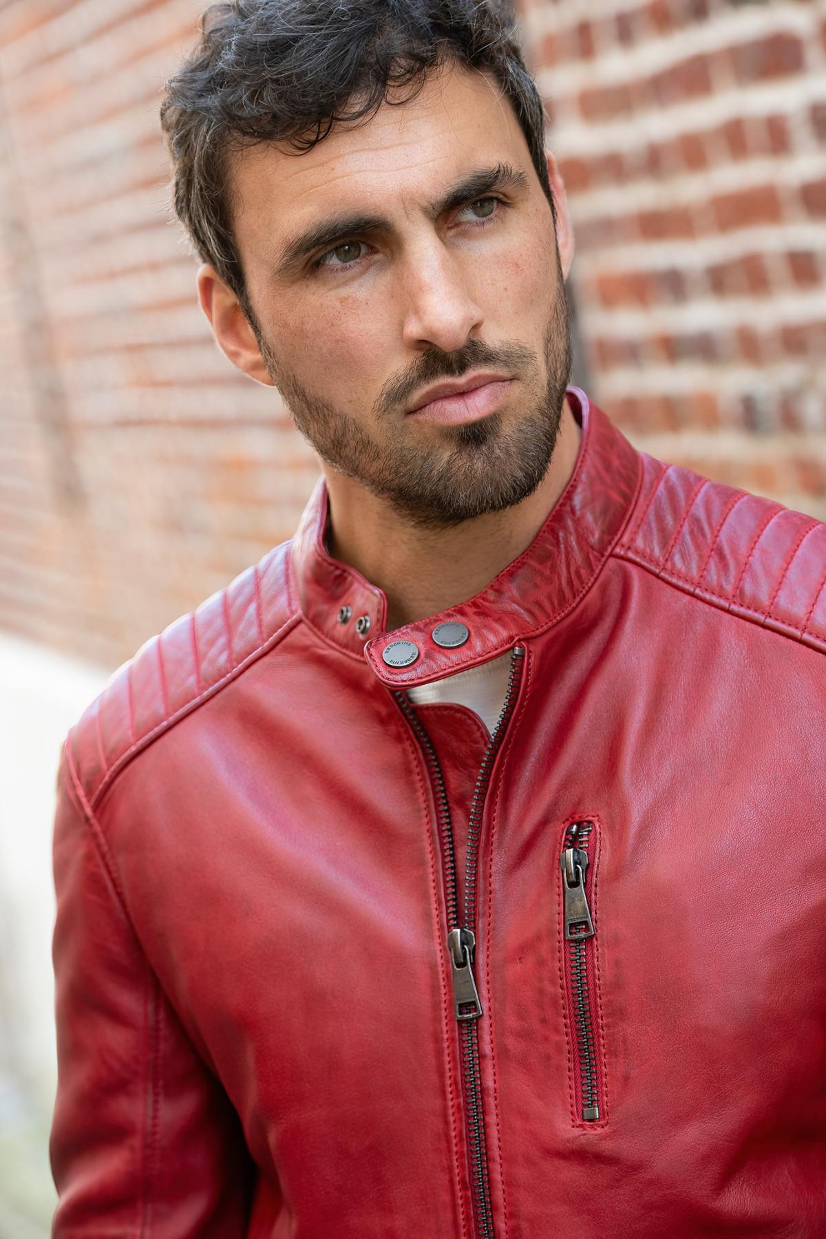 Red biker-collar leather jacket - Image n°3