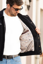 Teddy varsity jacket in navy blue and burgundy leather - Image n°7