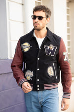 Teddy varsity jacket in navy blue and burgundy leather - Image n°3