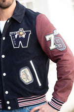 Teddy varsity jacket in navy blue and burgundy leather - Image n°6