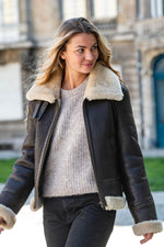 Rich brown sheepskin bomber, beige fur-lined for winter warmth. - Image n°2