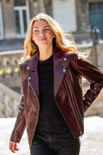 Pearly burgundy leather biker jacket with double zip - Image n°4