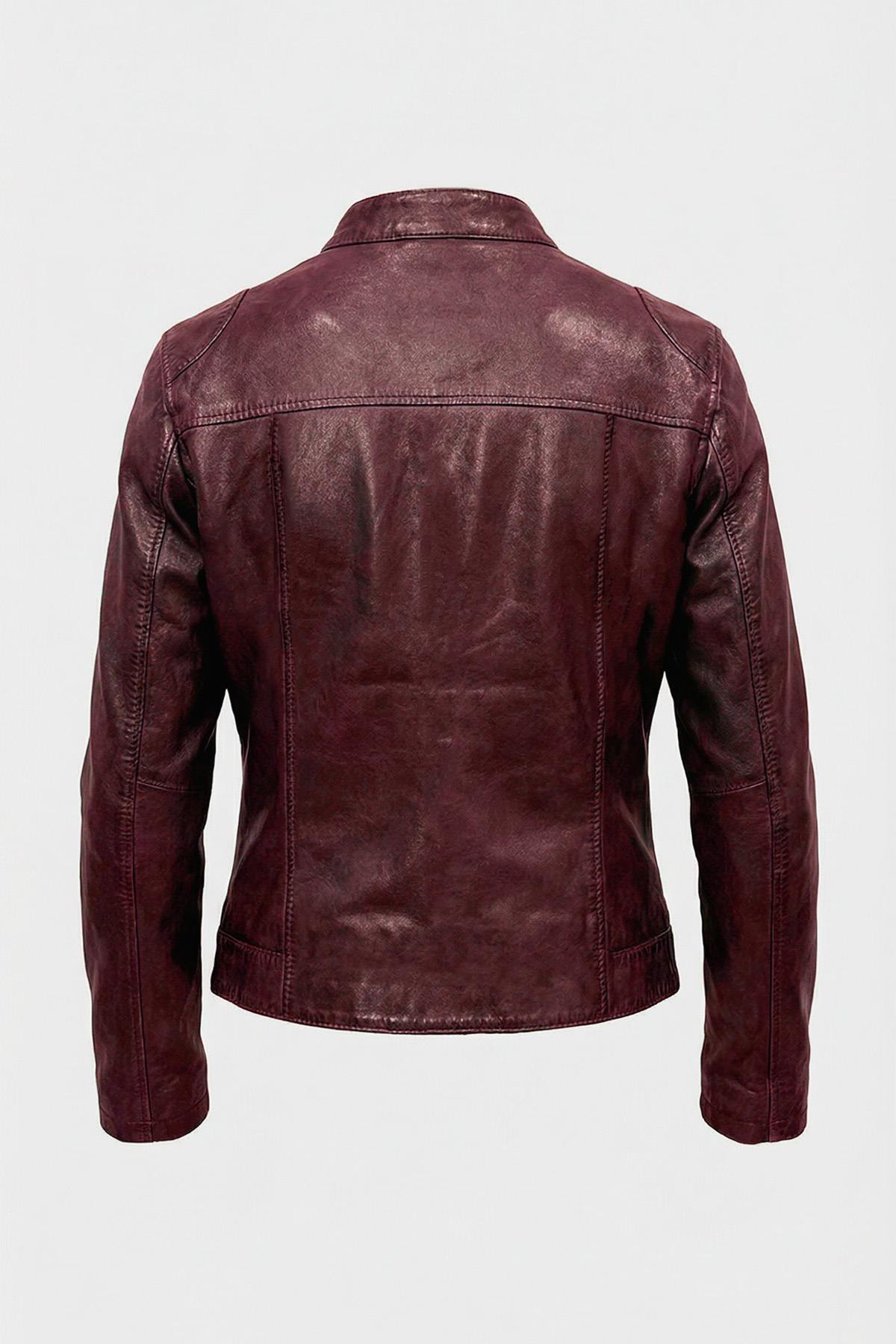 Women's dark pink leather biker-collar jacket - Image n°10