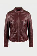 Women's dark pink leather biker-collar jacket - Image n°9