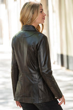 Brown leather mid-length shirt-collar jacket - Image n°3