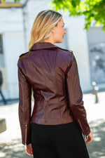 Chic burgundy beaded leather biker jacket - Image n°2