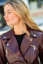 Chic burgundy beaded leather biker jacket - Image n°4