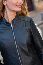 Women's black leather openwork jacket with round neck - Image n°3