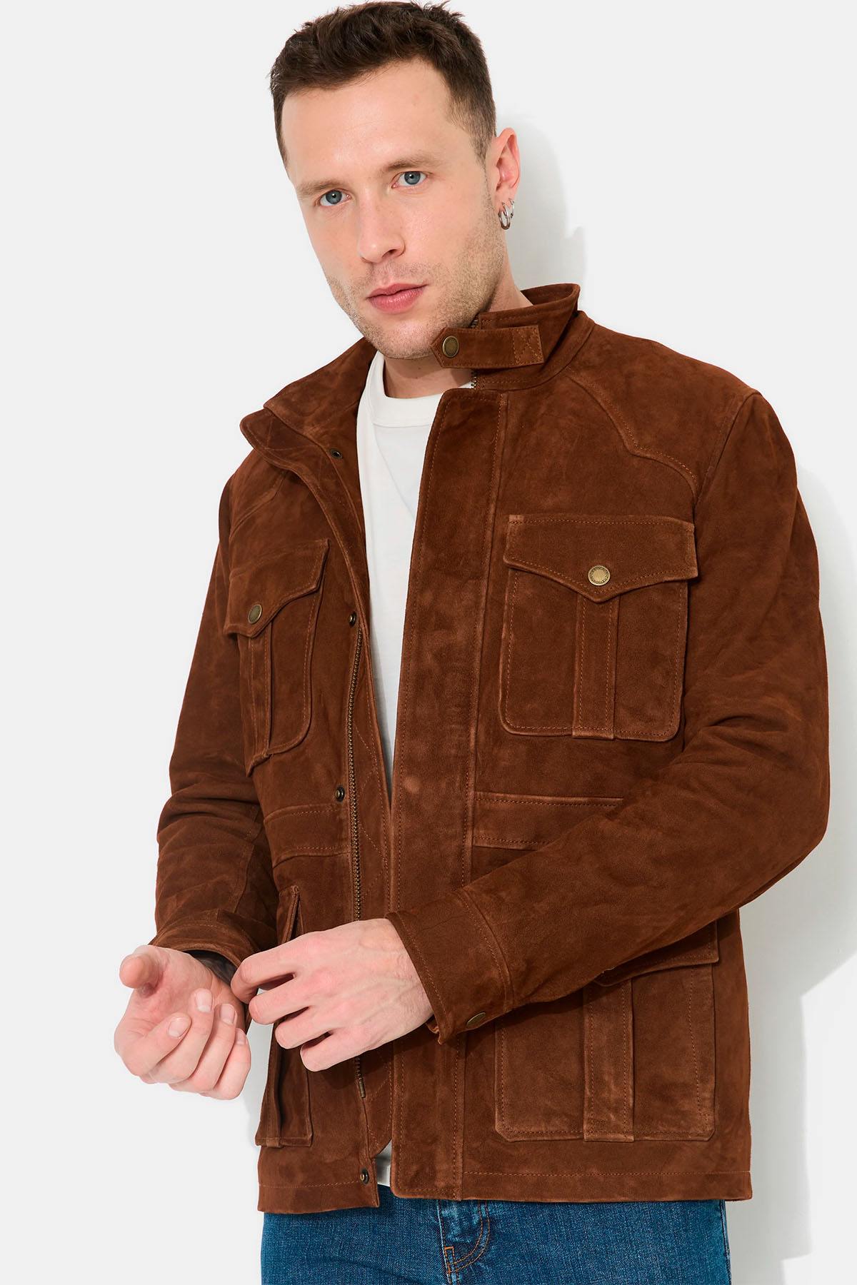 Cognac suede leather multi-pocket jacket - Image n°1