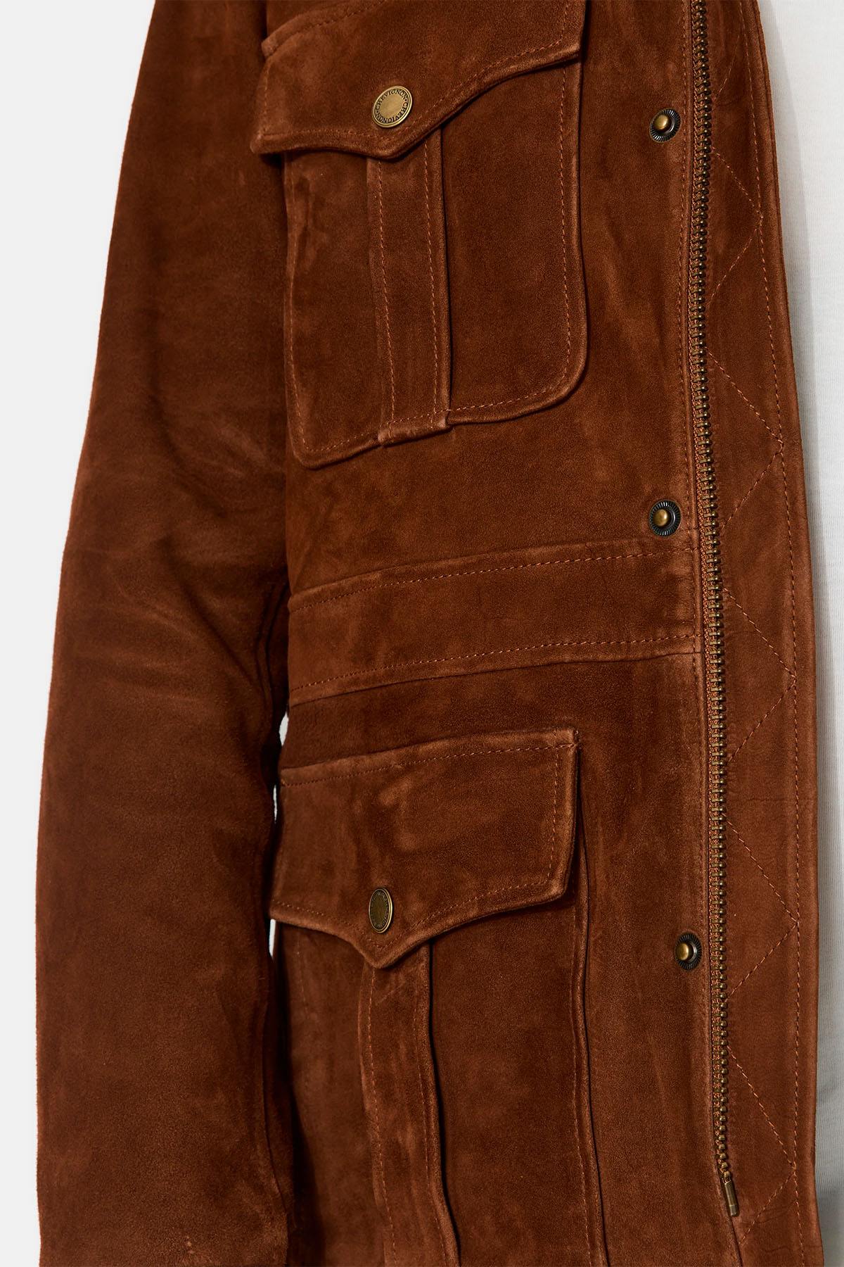 Cognac suede leather multi-pocket jacket - Image n°7