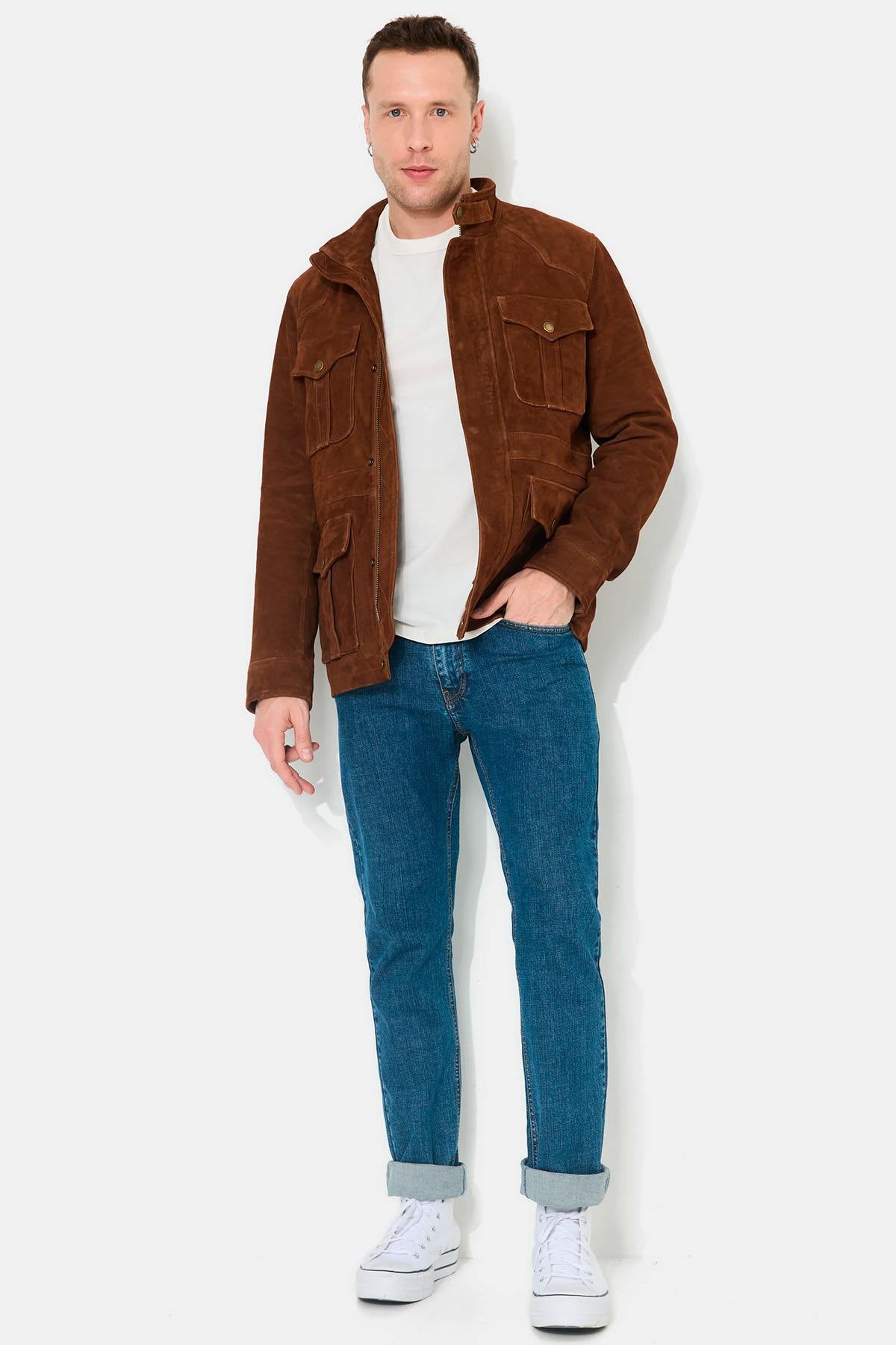 Cognac suede leather multi-pocket jacket - Image n°4