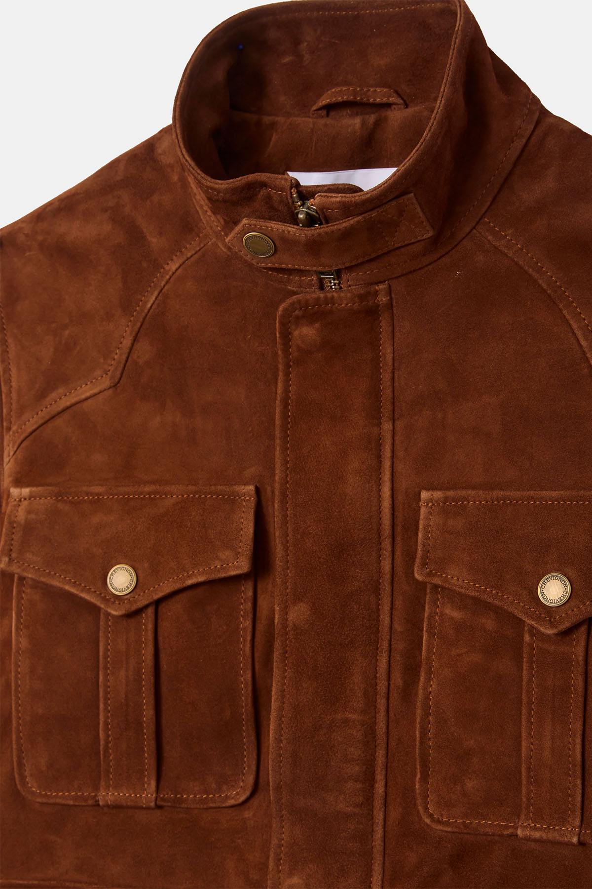 Cognac suede leather multi-pocket jacket - Image n°6