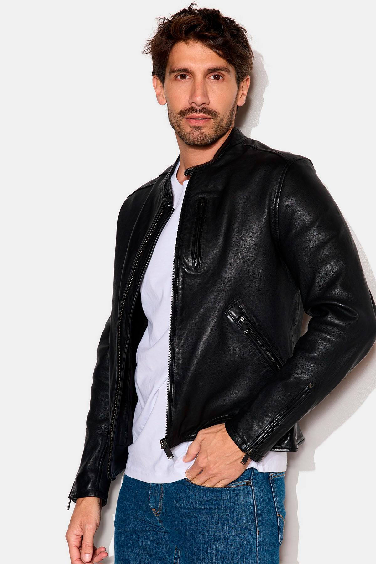 Washed lambskin leather biker jacket - Image n°1