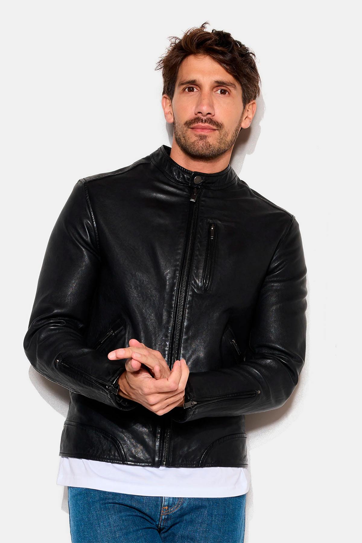 Washed lambskin leather biker jacket - Image n°5