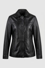 Black leather button-up jacket with shirt collar - Image n°1