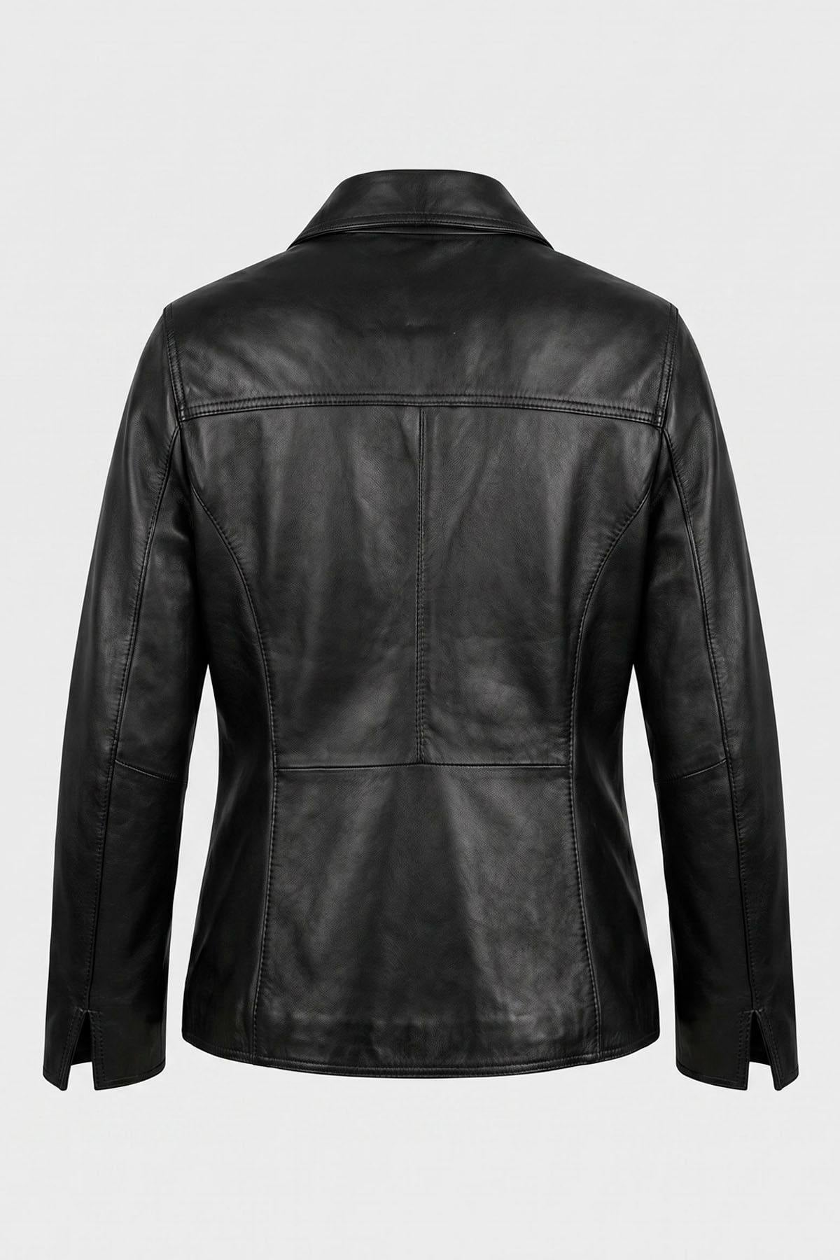 Black leather button-up jacket with shirt collar - Image n°2