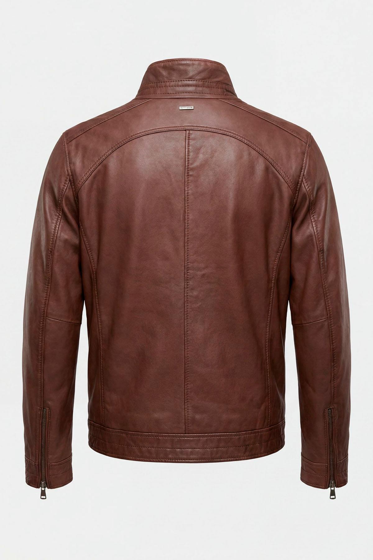 Mocha-colored leather jacket with a stand-up collar - Image n°2