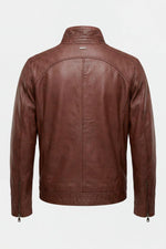 Mocha-colored leather jacket with a stand-up collar - Image n°2