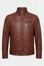 Mocha-colored leather jacket with a stand-up collar - Image n°1