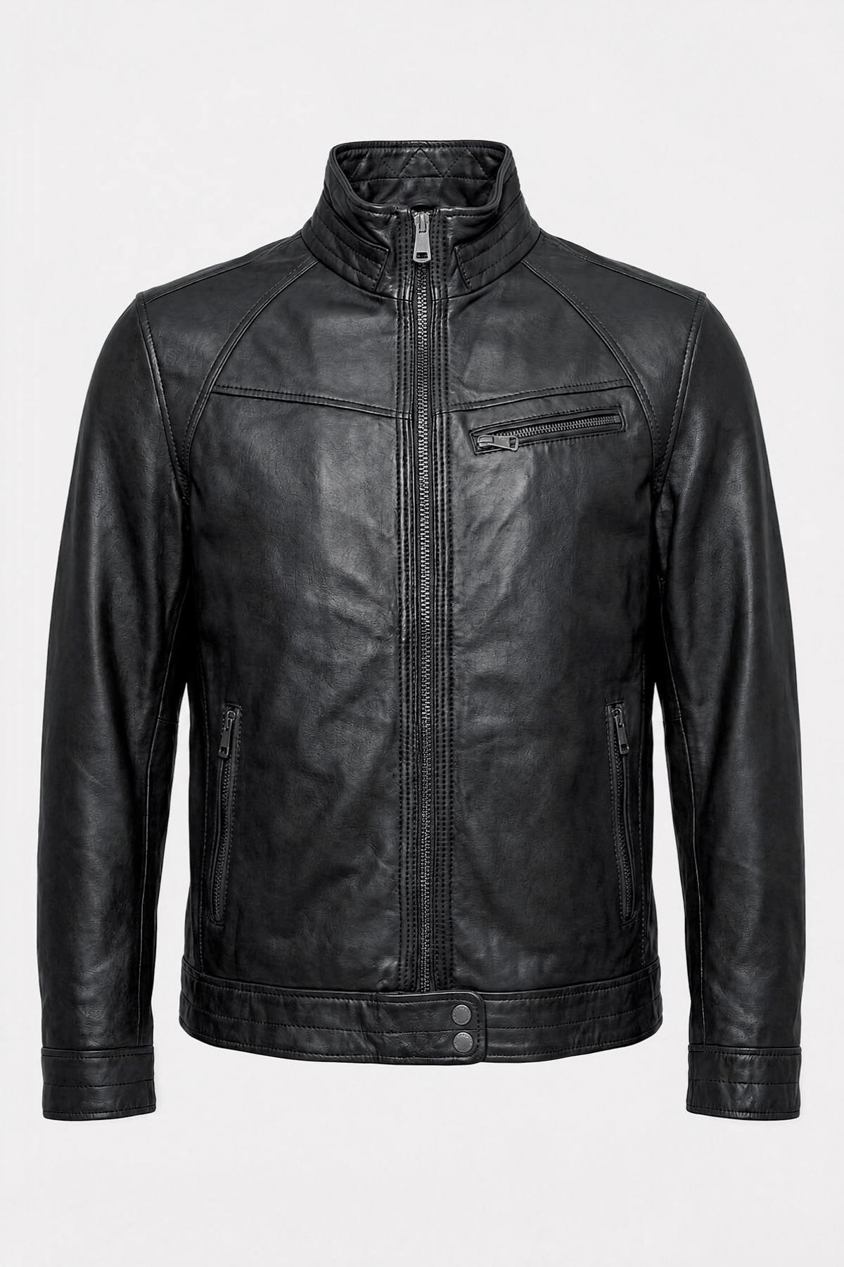 Black leather jacket with a stand-up collar - Image n°1