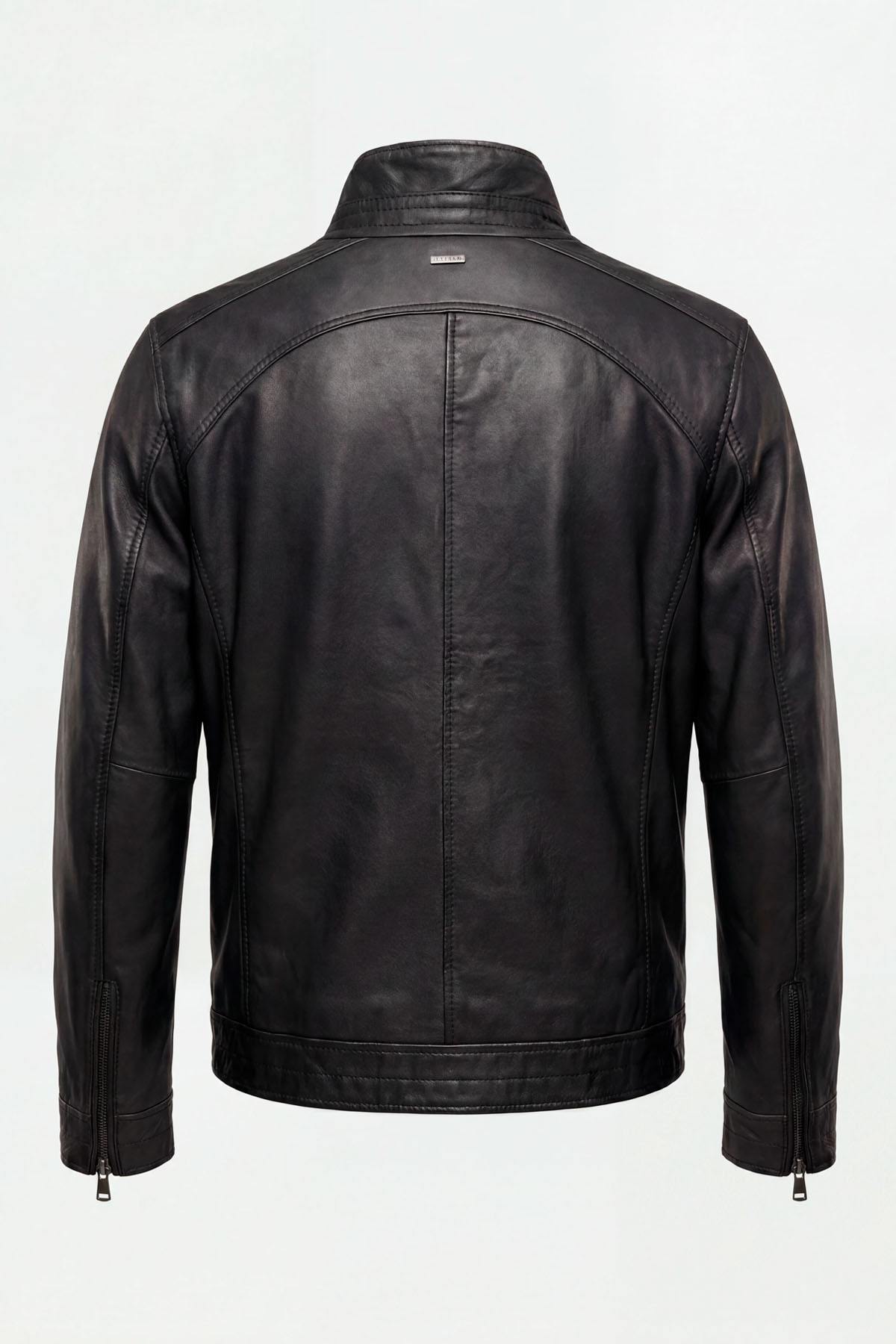 Black leather jacket with a stand-up collar - Image n°2