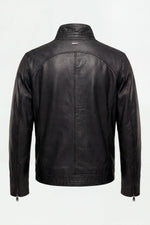 Black leather jacket with a stand-up collar - Image n°2
