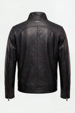 Black leather jacket with a stand-up collar - Image n°2