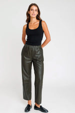 Khaki leather trousers with elasticated waist - Image n°2