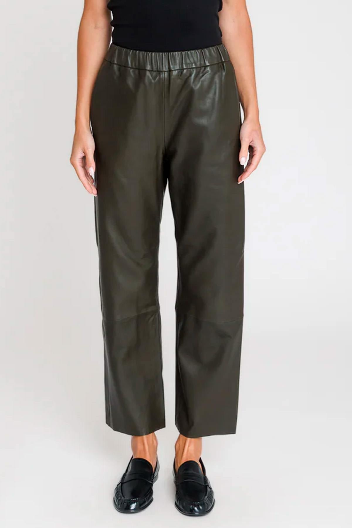 Khaki leather trousers with elasticated waist - Image n°1