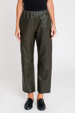 Khaki leather trousers with elasticated waist - Image n°1