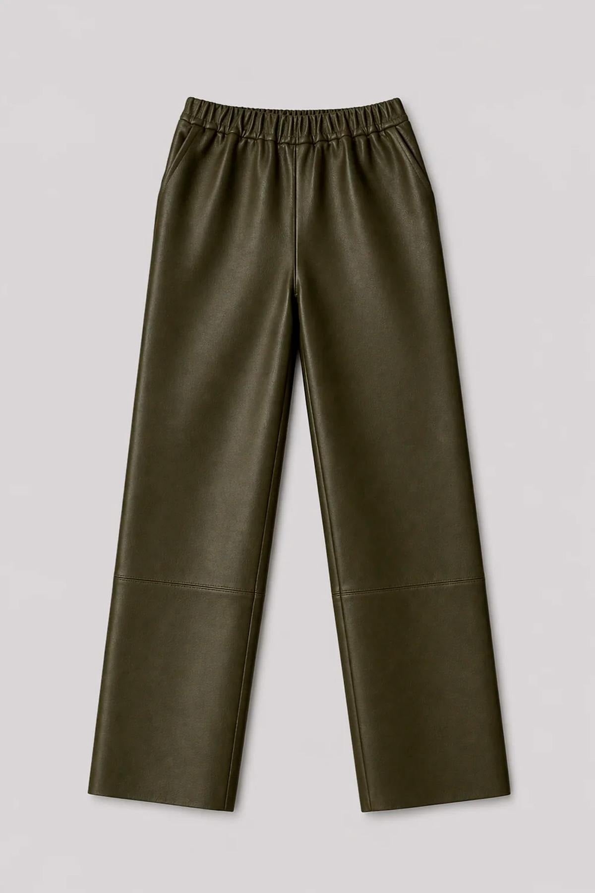 Khaki leather trousers with elasticated waist - Image n°5