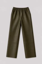 Khaki leather trousers with elasticated waist - Image n°5