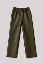 Khaki leather trousers with elasticated waist - Image n°5