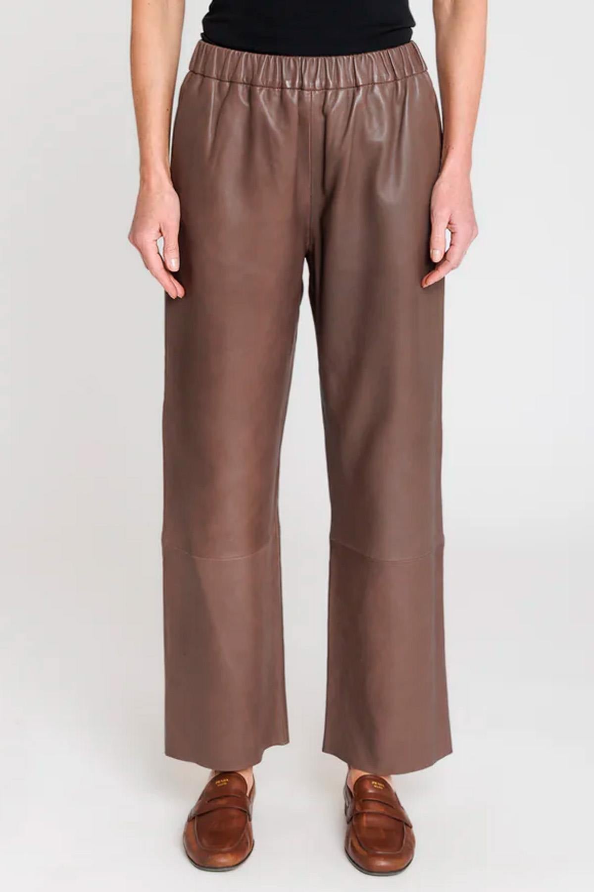 Taupe leather trousers with elasticated waistband - Image n°3